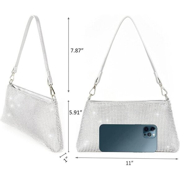 Women Silver Shoulder Imported Bling Rhinestone Evening Cocktail Chain Clutch - Picture 2 of 7